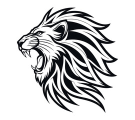 A high-contrast black and white vector illustration of a roaring lion's head,