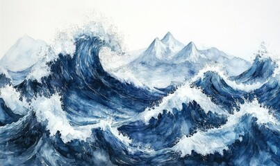 Obraz premium Ocean waves crashing against mountains; serene background; nature art for wall decor