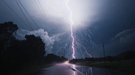 Lightning Storm Over Rural Road At Night