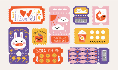 Love coupon. Cute ticket design. Voucher or Valentine gift for couple date. Boyfriend card template for trendy present. Offer promotion. Lottery raffle. Vector shopping certificates set