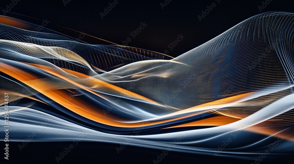 Poster futuristic abstract with layered flowing mesh lines in gradient of orange blue and white