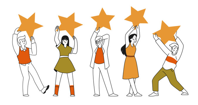 People with stars. Positive happy community award, customer service review. Man team characters, winner reward. Rating on web site and social media. Vector cartoon flat isolated illustration