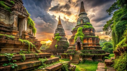 Fototapeta premium Rule of thirds photography highlights the majestic decay of ancient Thai pagoda ruins.