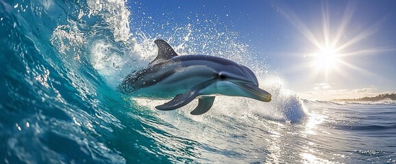 Dolphin riding a wave in ocean.