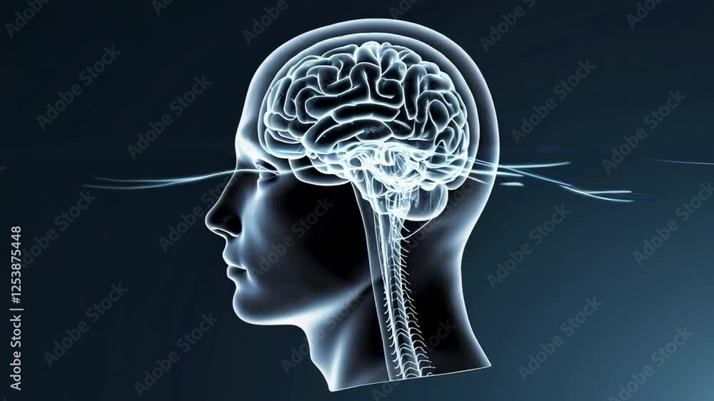 Poster Neural network simulation revealing intricate data processing within transparent human head, visualizing complex brain activity through dynamic neurotechnology animation