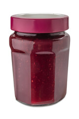 Raspberry jam in glass jar with purple cap isolated 