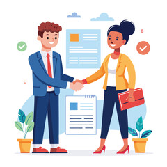 People shaking hands at work - Two businesspeople, man and woman doing handshake in office at work while smiling over business agreement and deal. Flat design stock illustration on white background