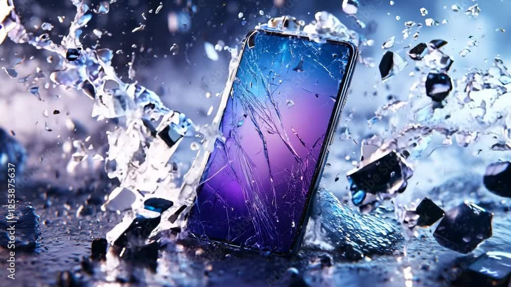 Poster a smartphone with a cracked screen is placed in water, creating captivating splashes and reflections