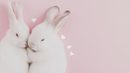 Obraz premium Two cute rabbits with hearts on pink background, St Valentines Day or Easter postcard