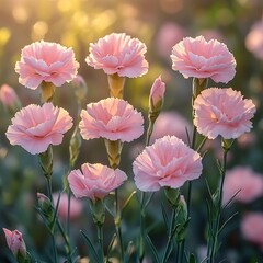 Fototapeta premium Detailed closeup of pink carnation petal green leaves natural background sunlight