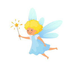 Cute fairy. Fairytale character, little flying princess with magic wand and wings. Young sorceresses for childish nursery and prints design. Mythology vector cartoon flat isolated illustration