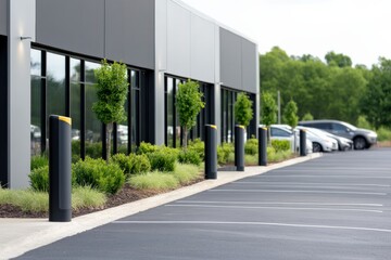 commercial building parking lot with landscaping and cars