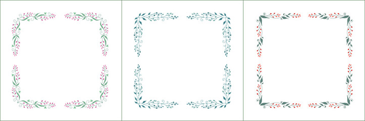Set of three elegant green vegetal ornamental frame with flowers, decorative border. Isolated vector illustration