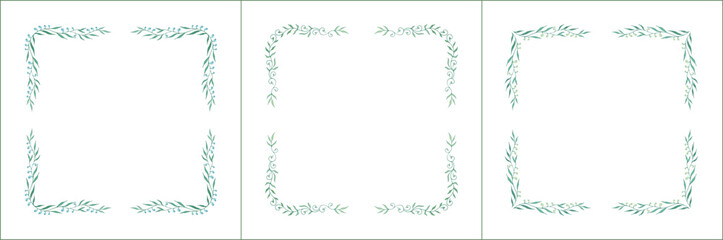 Set of three elegant green vegetal ornamental frame with leaves, decorative border. Isolated vector illustration