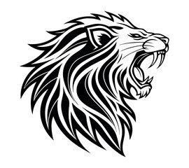 A high-contrast black and white vector illustration of a roaring lion's head,