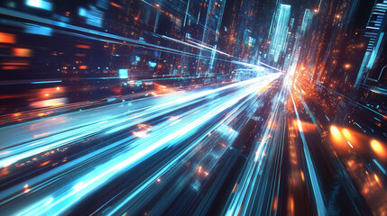 Obraz premium Zukunftsstadt mit leuchtenden Glasfaserdatenströmen als Datenautobahn mit Lichtspuren. Generative AI KI