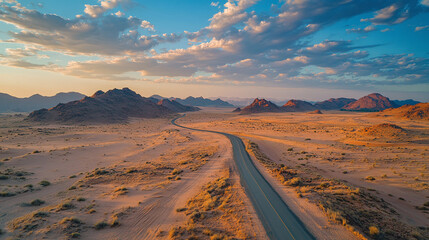 Aerial drone view of desert landscape with sand dunes and long road.