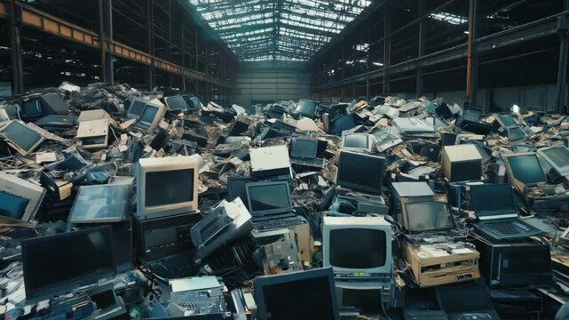 Massive pile of outdated computers and electronic waste fills an abandoned warehouse under large skylights, showcasing neglected technology