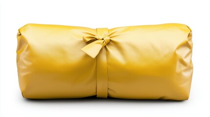 A vibrant yellow roll bag with a tied closure, showcasing a sleek design and smooth texture, perfect for stylish storage or travel.