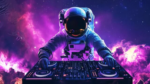 An astronaut dj skillfully mixes music on turntables while surrounded by an imaginative cosmic backdrop filled with bright colors and celestial elements