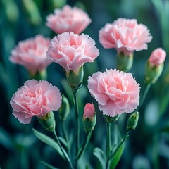 Obraz premium Detailed closeup of pink carnation flower vibrant green leaves natural background