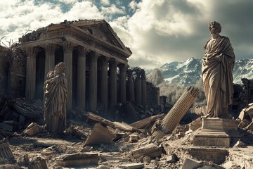 Ruins of a forgotten civilization amid mountains and scattered debris