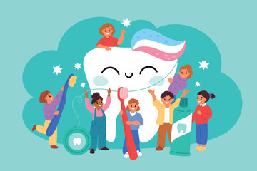 Tiny babies around big tooth. Funny kids learning take oral care. Caries cavity prevention. Hygiene education. Girls and boys with toothbrushes. Cleaning toothpaste. Garish vector concept