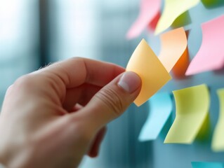 hand adding a sticky note to a board