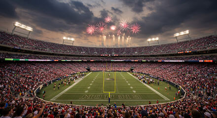 A packed American football stadium under a dramatic cloudy sky.