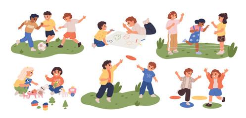 Happy children active games. Smiling kids play outdoor. Group and pair entertainment. Soccer players. Little friends jump with rubber bands. Boys drawing picture. Garish vector set
