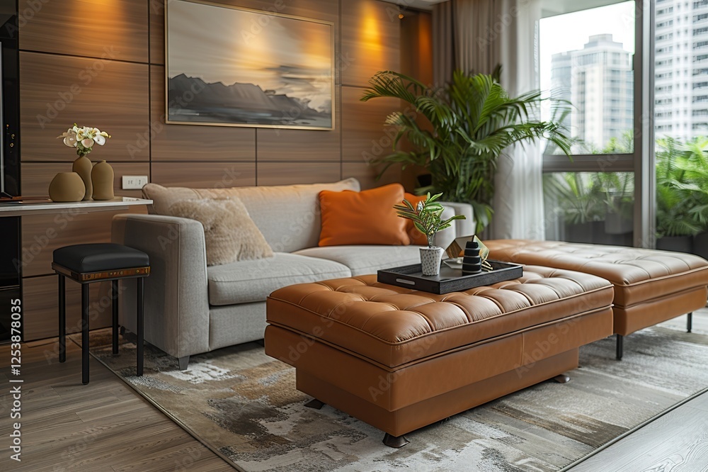 Poster stylish ottoman that transforms into a small dining table, featuring a leather finish and set in a w