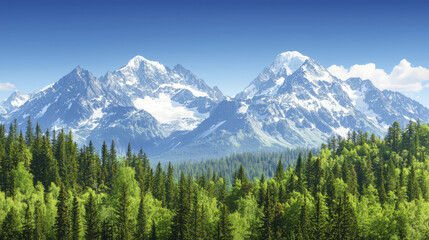 Obraz premium Breathtaking mountain landscape with snow capped peaks and lush green forest