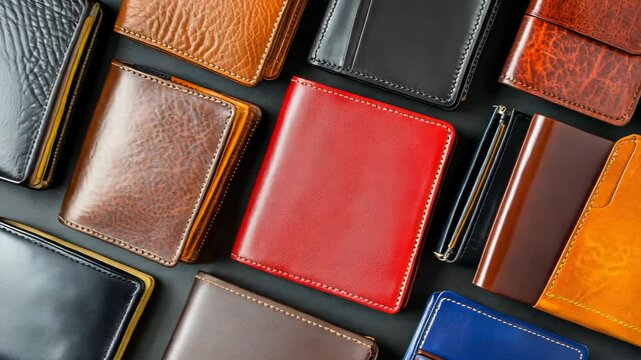 Leather wallets of various colors and styles arranged on a dark surface showcasing craftsmanship and design features