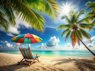 Shallow depth of field, tropical beach scene: umbrella, deck chair, idyllic summer escape.
