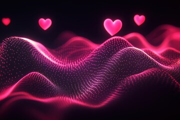 Pink glowing hearts floating above a digital wave pattern