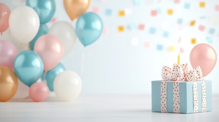Festive birthday gift with balloons, confetti background
