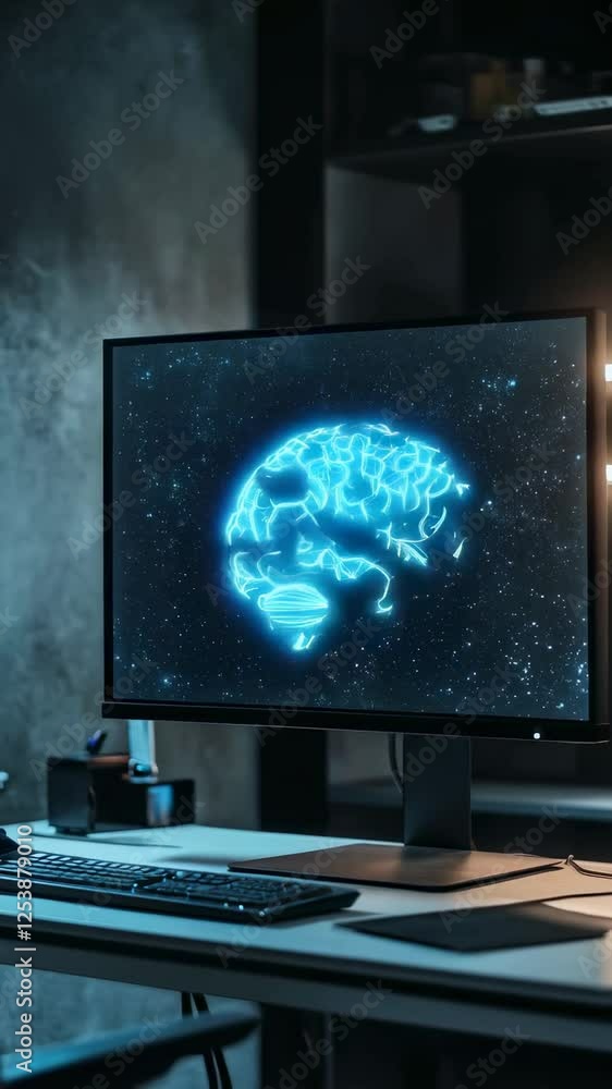Poster Digital brain visualization displaying loading animation on computer screen within dark office setting, representing advanced neurological research and technological innovation