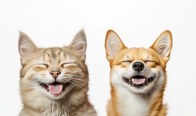 Obraz premium Happy cat and dog display joyful expressions with closed eyes