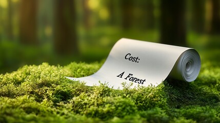A white sheet of paper rests on lush green moss in a tranquil forest setting, conveying the message 'Cost: A Forest' in bold black letters.