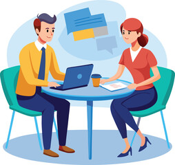 People shaking hands at work - Two businesspeople, man and woman doing handshake in office at work while smiling over business agreement and deal. Flat design stock illustration on white background