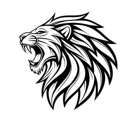 A high-contrast black and white vector illustration of a roaring lion's head,