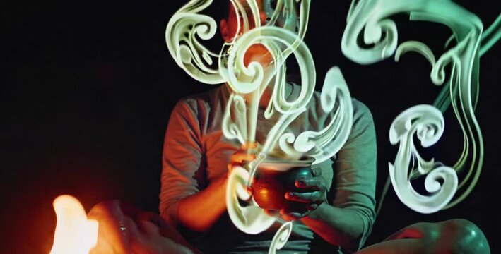 Mystical Ayahuasca Ceremony &ndash; Glowing Psychedelic Smoke Visions, woman holding a mug