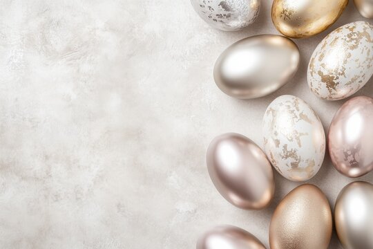 Shiny Easter eggs in gold and silver tones arranged on a bright background