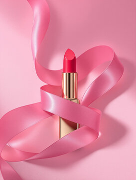 A luxurious studio photograph featuring a vibrant pink lipstick in an elegant gold case, wrapped in a silky pink ribbon. The composition is set against a soft pink background, creating a harmonious an