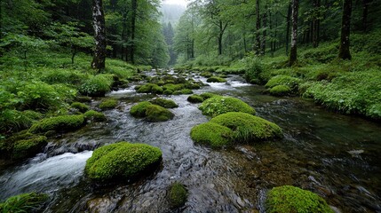 Obraz premium Mossy stream flows through lush green forest; tranquil nature scene, perfect for relaxation