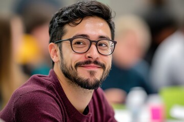 smiling man in glasses at meeting