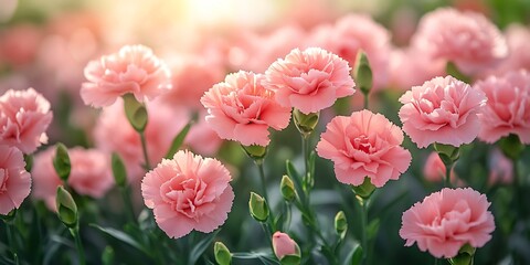 Obraz premium Fresh pink carnations bloom green foliage bright summer day natural background
