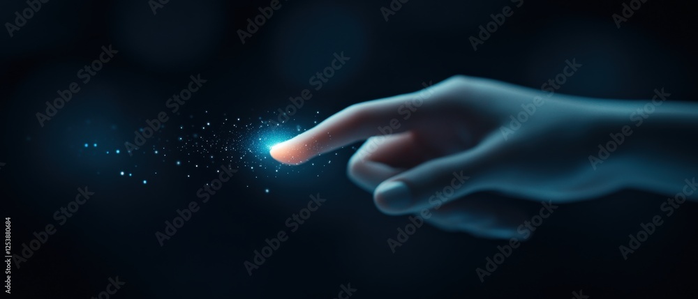 Wall mural hand touching digital interface with glowing particles