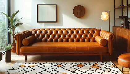 Elegant mid-century modern living room furniture with walnut credenza, tufted leather sofa, and geometric-patterned area rug under soft ambient lighting.