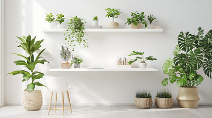 A white wall with a desk and a chair in front of it